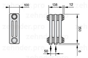 Схема (чертеж) Радиатор Zehnder Charleston 3035/3 №5410 Белый глянцевый RAL 9016